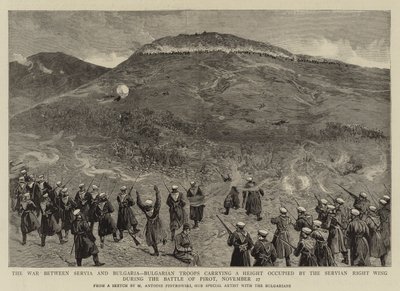 Der Krieg zwischen Serbien und Bulgarien, bulgarische Truppen erobern eine von der serbischen rechten Flanke besetzte Höhe während der Schlacht von Pirot, 27. November von Maksymiljan Antoni Piotrowski